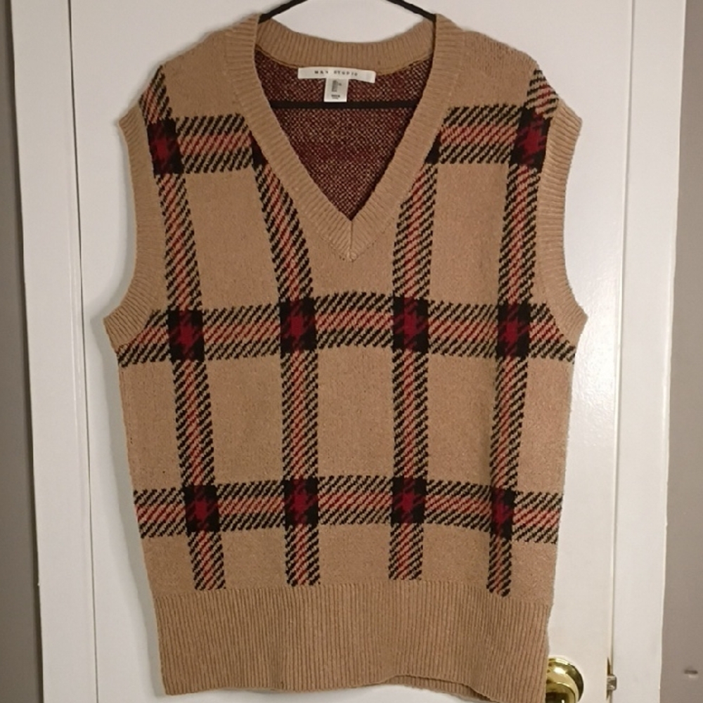 Max Studio Tan Plaid V-Neck Sweater Vest with Black and Red Accents